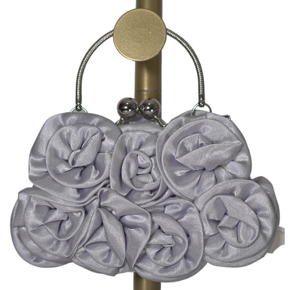 Elegant Kiss-Lock Clutch NWT Satin 3D Rose Motif Evening Purse Silver Partycore